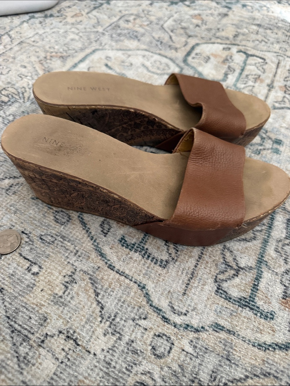 Nine West Brown Leather Wedge Slide Sandals